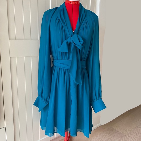 Rachel Zoe Mini Dress, Bow, 100% Silk, Flowy, Button-Down, Teal, Women’s (US M) - Picture 1 of 14